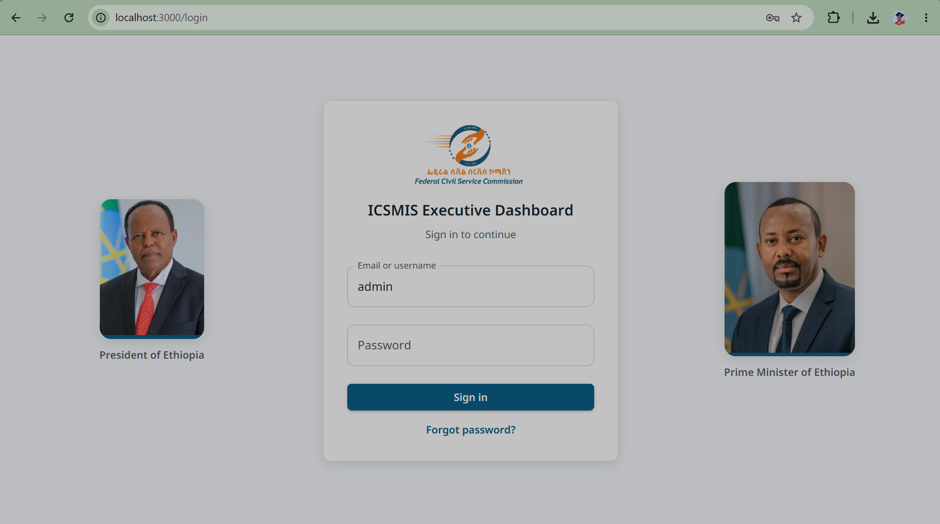 ICSMIS Executive Dashboard secure sign-in screen